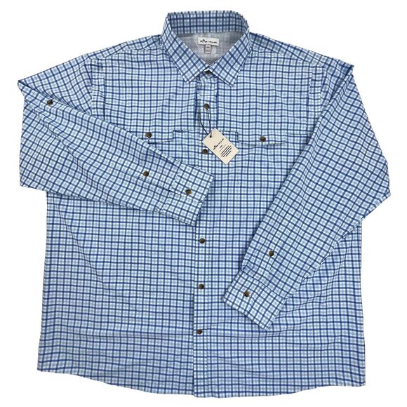 Peter Millar Performance Shirt XXL Blue Check Roll Tab Seaside Plaid Vented NWT - Picture 2 of 14